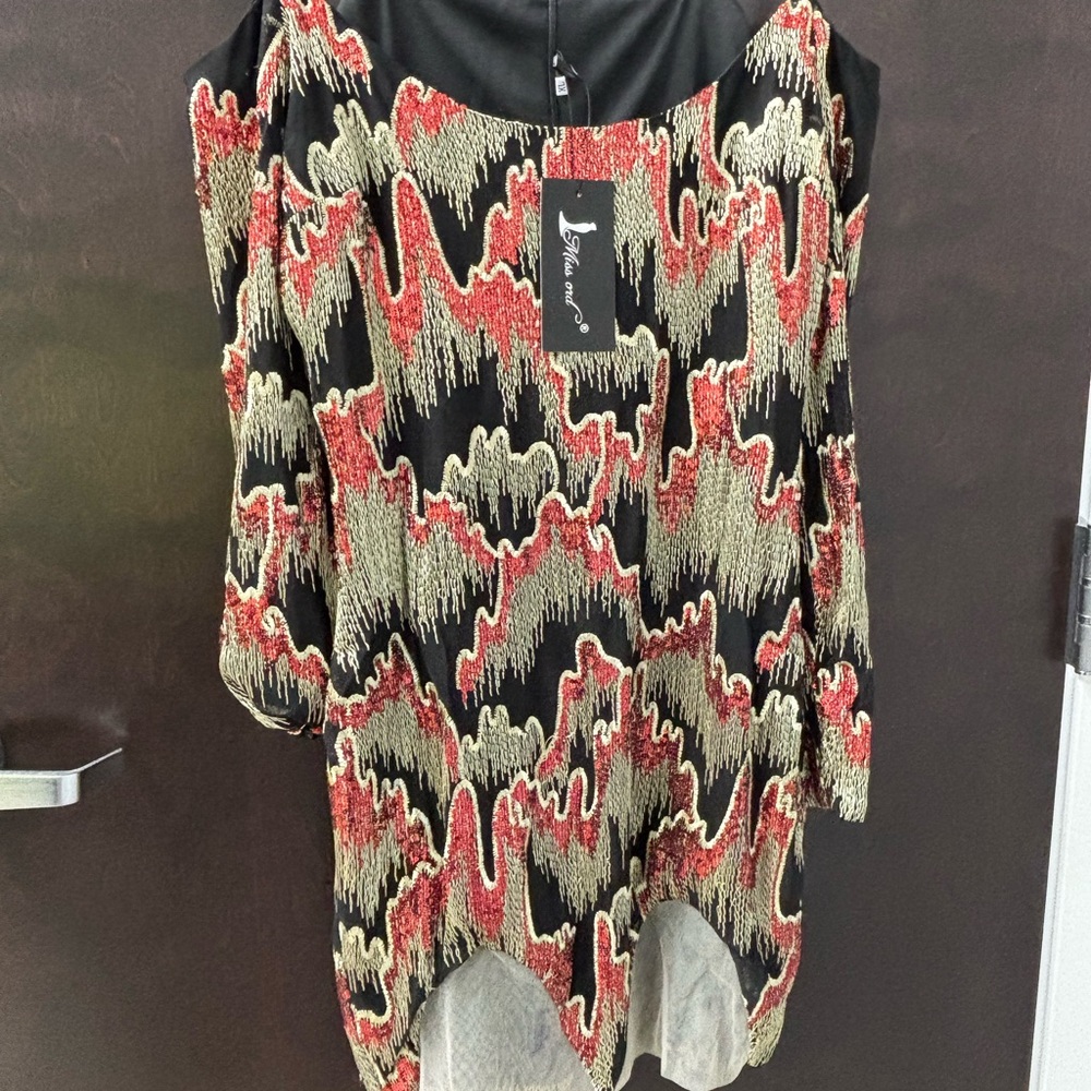 Black, Gold and Red sequin Asymmetrical Graphic Mini Dress